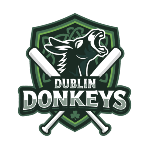 a donkey braying behind two crossed softball bats